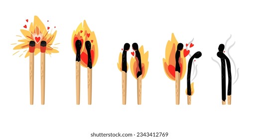 Set of burning match. Sequence steps of combustion. Wood matchstick with sulfur head, flaming stages from ignition to extinction. Ignition and extinction of feelings concept vector illustration