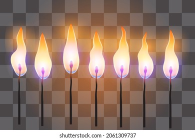 A set of burning matches. Realistic fire. Fire of different shapes. Vector flame