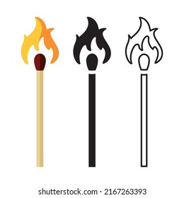 Set of burning matches. Three matches in different styles: cartoon color, black silhouette, black outline. Vector illustration isolated on a white background for design and web.