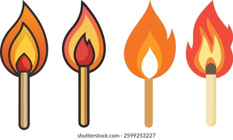 Set of Burning Matchstick Fire Flame Clipart Illustration. Lit Match Fire Icon Simple Vector Design. Blazing with Flame Heat and Energy Symbol. Matchstick on Fire Flat Style Clipart.