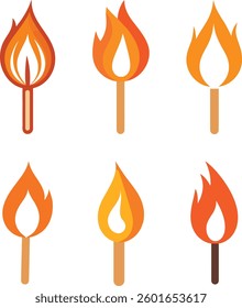 Set of Burning Matchstick Fire Flame Clipart Illustration. Lit Match Fire Icon Simple Vector Design. Blazing with Flame Heat and Energy Symbol. Matchstick on Fire Flat Style Clipart.