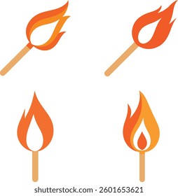 Set of Burning Matchstick Fire Flame Clipart Illustration. Lit Match Fire Icon Simple Vector Design. Blazing with Flame Heat and Energy Symbol. Matchstick on Fire Flat Style Clipart.