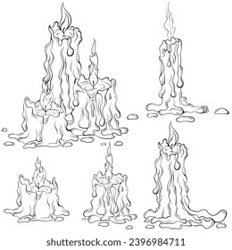 Set of burning melted candles with flowing wax. Candle stub design element. Vector illustrations in hand drawn sketch style isolated on white. Black outline graphic for print, coloring book