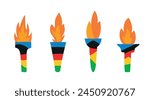 Set of burning olympic torches with flame. Symbol of competition victory, champion. Vector illustration in white background. Sticker, label, clipart, design element. 