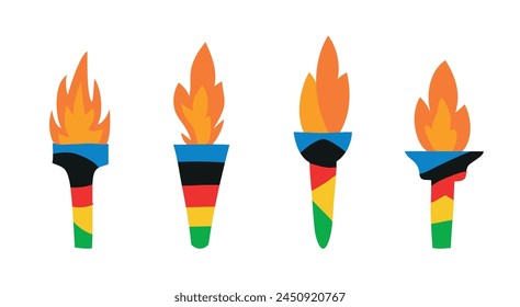 Set of burning olympic torches with flame. Symbol of competition victory, champion. Vector illustration in white background. Sticker, label, clipart, design element. 