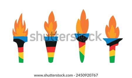 Set of burning olympic torches with flame. Symbol of competition victory, champion. Vector illustration in white background. Sticker, label, clipart, design element. 