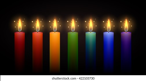 Set of burning rainbow candles. Vector element. Burning candle. 