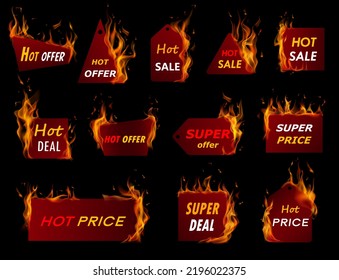 Set of burning sale labels and tags in various shapes in red colors with white and yellow inscriptions