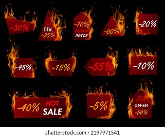 Set of burning sale labels and tags in various shapes in red colors with white and yellow inscriptions