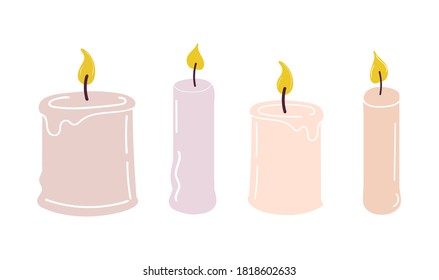 Set of burning scented candles. Hand-drawn vector illustration in doodle style. Design for holiday cards, stickers, print, Christmas,New Year