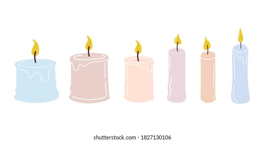 Set of burning scented candles. Hand-drawn vector illustration in doodle style. Design for Christmas,New Year,Holidays