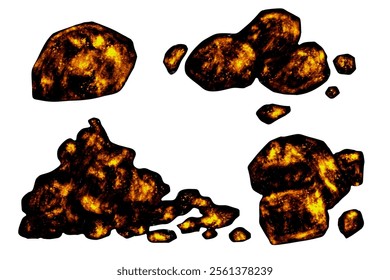 Set of burning, smoldering coals. Vector graphics.