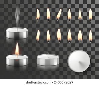 Conjunto de velas de té ardiente y llamas diferentes formas aisladas en fondo transparente. Fuego por lámpara de fragancia. Luz de las velas, luz de las velas, aromaterapia, meditación. Ilustración del vector 3d realista.