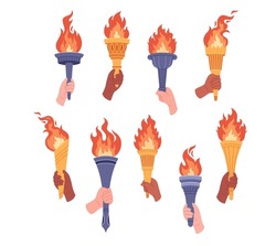 Set Of Burning Torches With Flame In Hands. Symbol Of Competition Victory, Champion. Vector Illustration In Flat Style