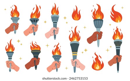 Set of burning torches flames in hands. Hands holding fire torches. Symbols of competition victory, relay race, champion, winner. Vector isolated illustration