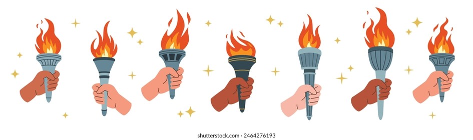 Set of burning torches flames in hands. Hands holding fire torches. Symbols of competition victory, relay race, champion, winner. Vector isolated illustration