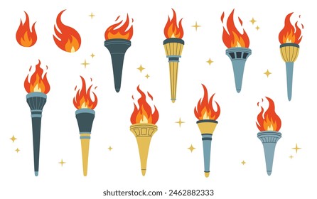Set of burning torches. A symbol of sports competitions, a sign of victory, winner, champion. Vector flat illustration