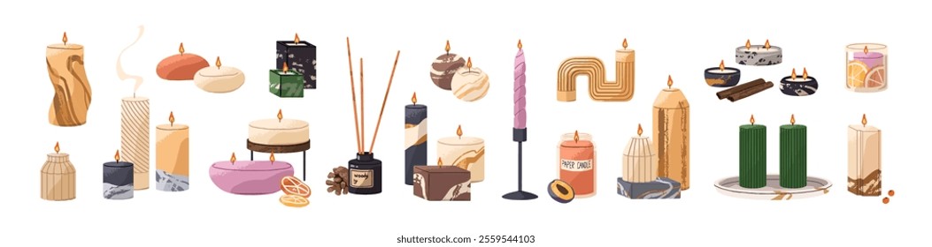 Set of burning trendy scented candles. Aromatic interior decorations, home candlelight. Natural organic wax with fire in holder, aroma diffuser. Flat isolated vector illustrations on white background