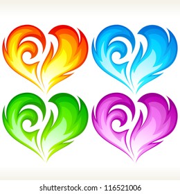 Set of burning vector heart. Red, blue, green and purple symbol of love