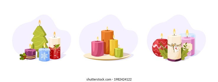 Set of burning wax candles with fire flame on light background. Christmas, scented wax candles for home, romance, aromatherapy or birthday. Cozy decor for spa, fragrance, holiday or romantic vector