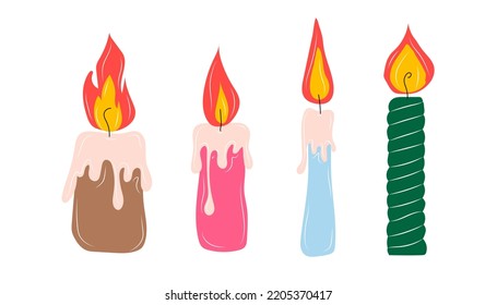 Set Burning wax or paraffin aromatic candles. Cute hygge home decoration, holiday decorative design element. Flat cartoon colorful