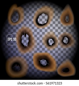 Set of burnt holes on transparent background isolated vector illustration