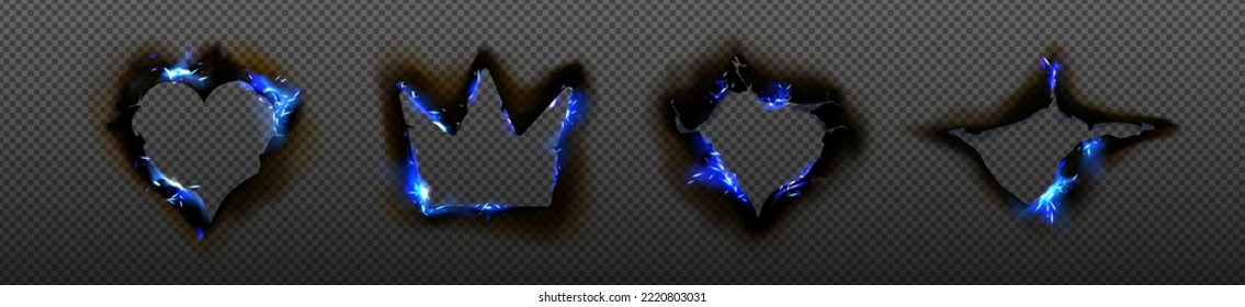 Set of burnt holes png with blue fire and black ash on edges. Smoldering paper sheets with damaged edges in form of heart and crown. Realistic vector illustration isolated on transparent background