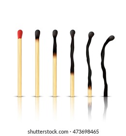 Set of burnt match at different stages isolated on white background