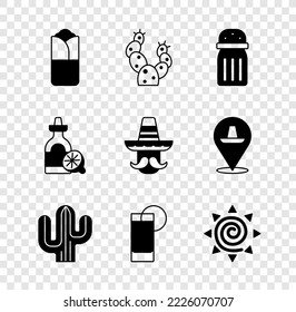 Set Burrito, Cactus, Salt, Tequila glass with lemon, Sun, bottle and Mexican man sombrero icon. Vector