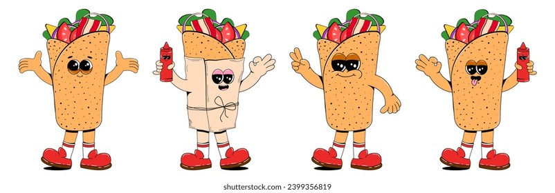 Conjunto de personajes burrito en estilo de caricatura retro. Ilustración vectorial de la comida callejera, mascotas de comida rápida.