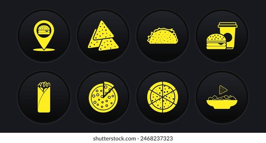 Set Burrito, Coffee and burger, Pizza, Taco with tortilla, Nachos, in plate and Location icon. Vector