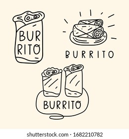 Set Of Burrito. Hand Drawn Vector Outline Illustrations On White Background.