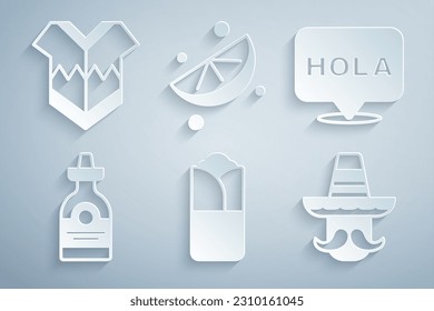 Set Burrito, Hola, Tequila bottle, Mexican man sombrero, Sliced lime and Poncho icon. Vector