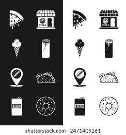 Set Burrito, Ice cream in waffle cone, Slice of pizza, Pizzeria building facade, Location with hotdog, Taco tortilla, Donut and Beer can icon. Vector