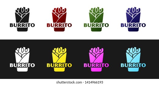 Set Burrito icon isolated on black and white background. Traditional mexican fast food. Vector Illustration