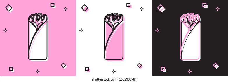 Set Burrito icon isolated on pink and white, black background. Traditional mexican fast food.  Vector Illustration