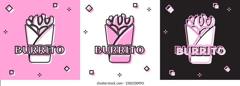 Set Burrito icon isolated on pink and white, black background. Traditional mexican fast food.  Vector Illustration