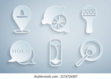 Set Burrito, Maracas, Hola, Gong, Lime and Mexican sombrero icon. Vector