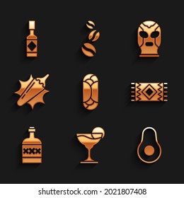 Set Burrito, Margarita cocktail, Avocado fruit, Mexican carpet, Tequila bottle, Hot chili pepper pod, wrestler and Tabasco sauce icon. Vector