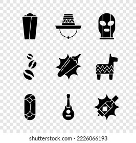 Set Burrito, Mexican sombrero, wrestler, guitar, Tabasco sauce, Coffee beans and Hot chili pepper pod icon. Vector