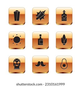 Set Burrito, Mexican wrestler, Mustache, Tequila bottle, Sun, Avocado fruit and Hot chili pepper pod icon. Vector