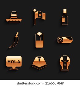 Set Burrito, Poncho, Mexican wrestler, Hola, Hot chili pepper pod, Tabasco sauce and sombrero icon. Vector