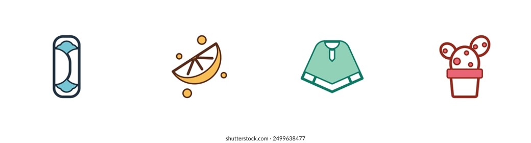 Set Burrito, Sliced lime, Poncho and Cactus or succulent in pot icon. Vector