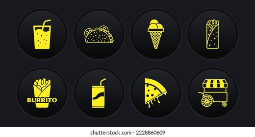 Set Burrito, Soda can with drinking straw, Slice of pizza, Ice cream waffle cone, Taco tortilla, Fast street food cart and Glass water icon. Vector
