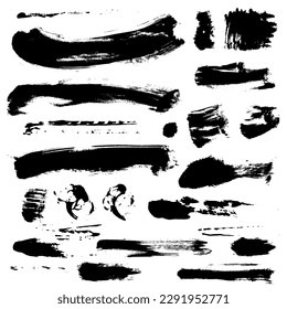 Set of burst brush strokes. Collection of exploding shape of painted black text boxes. Hand painted explosion. Grunge design elements. Dirty distress texture. Vector illustration.