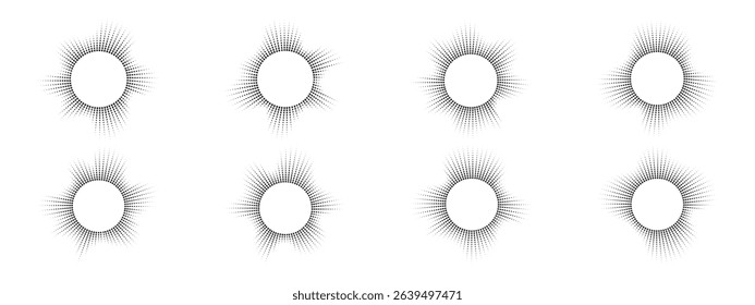 A set of burst ray equalizers . Radial sound, sound waves. Music symbol, circular sound waves, digital communication. Vector radial spectrum.