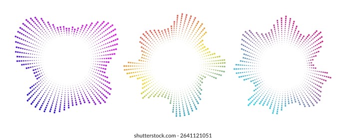 A set of burst ray equalizers . Radial sound, frequency sound waves . Pulsing music symbol, voice graph signal, circular sound waves . Vector radial spectrum.