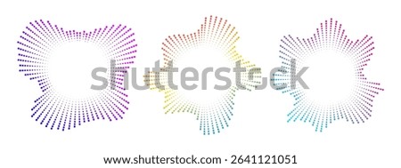 A set of burst ray equalizers . Radial sound, frequency sound waves . Pulsing music symbol, voice graph signal, circular sound waves . Vector radial spectrum.