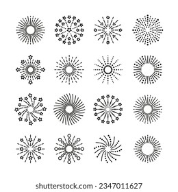 Set of burst stars and sparks. Firework icon. Line sparkle explosion. Happy new year shiny symbol. Outline birthday party elements isolated on white background. Vector illustration.