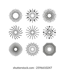 Set of burst stars and sparks. Firework icon. Outline birthday party elements. Happy new year shiny symbol. Line sparkle explosion isolated on white background. Vector illustration.